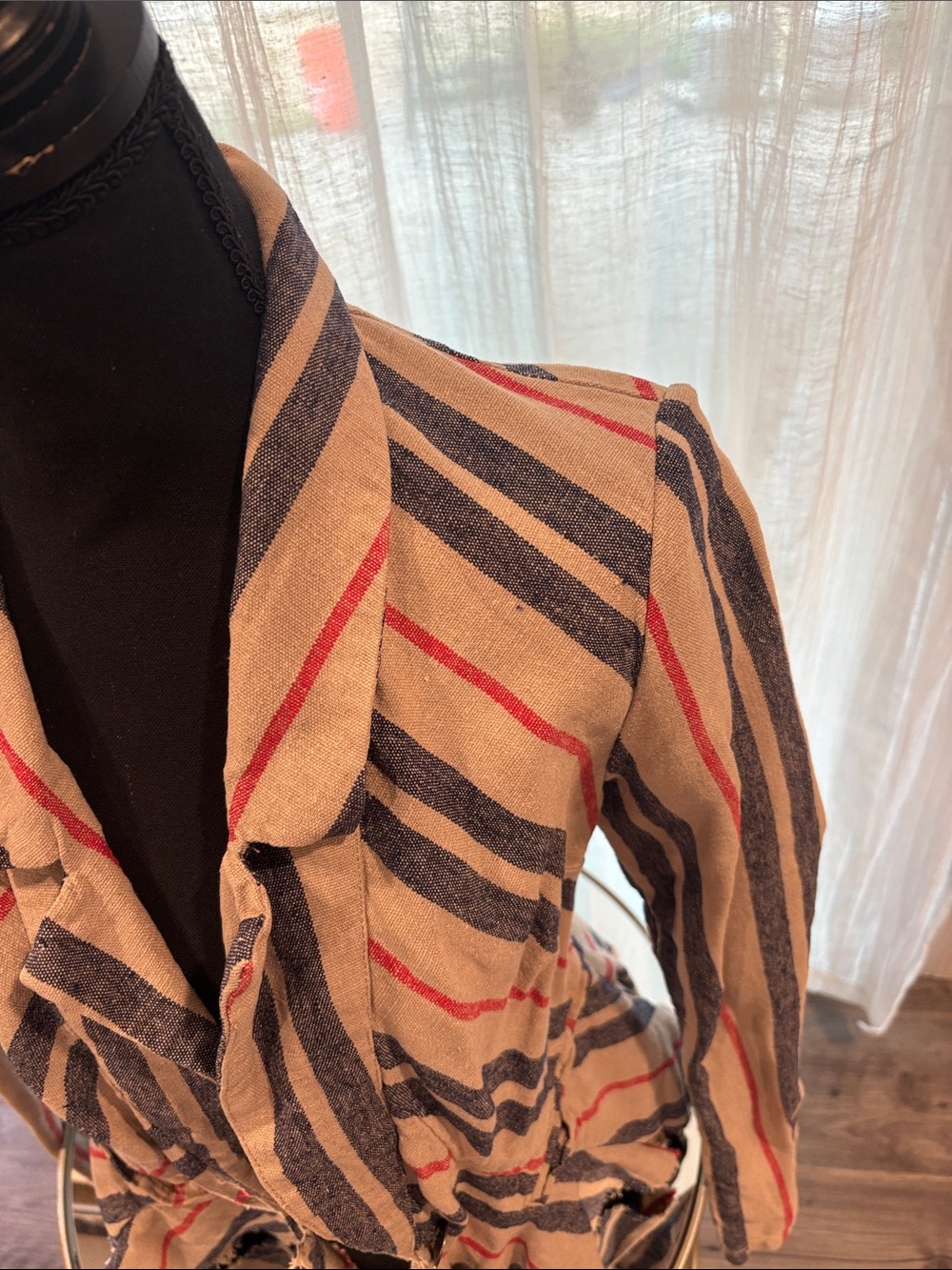 Free People Striped Frayed Open-Front Jacket in Beige, Navy & Red - Picture 3 of 7